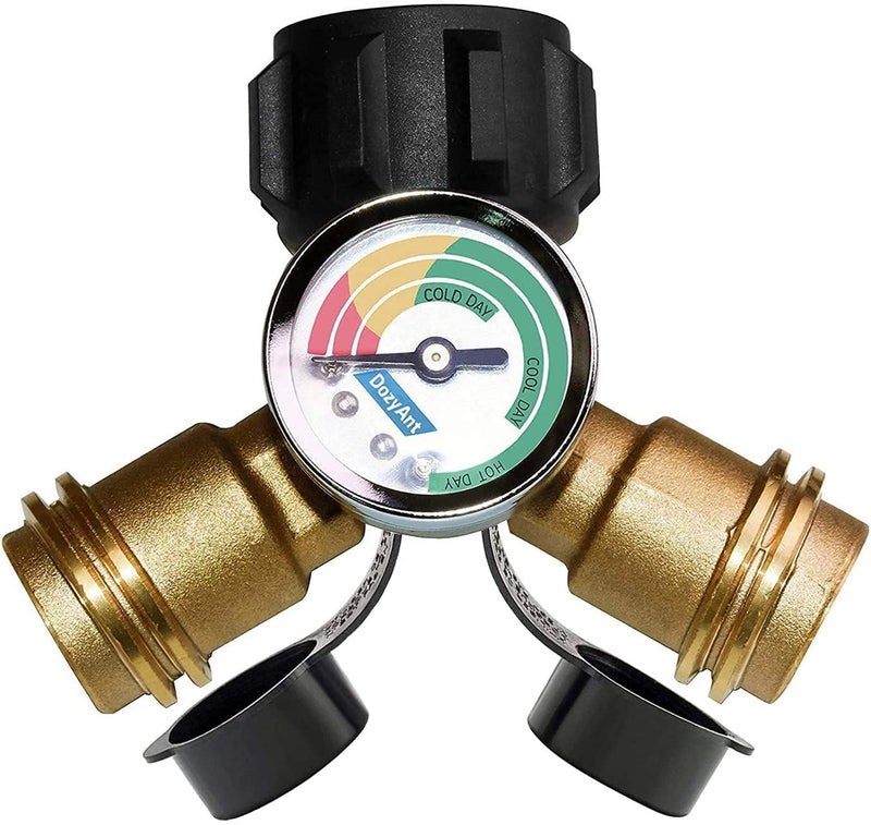 DOZYANT Propane Tank Y Splitter Adapter with Propane Gauge, 2 Way LP Gas Adapter Tee Connector Adapter for 5lb-40lb Propane Tank Cylinder, Universal for BBQ Gas Grill, RV Camper and More Appliances - Image 1