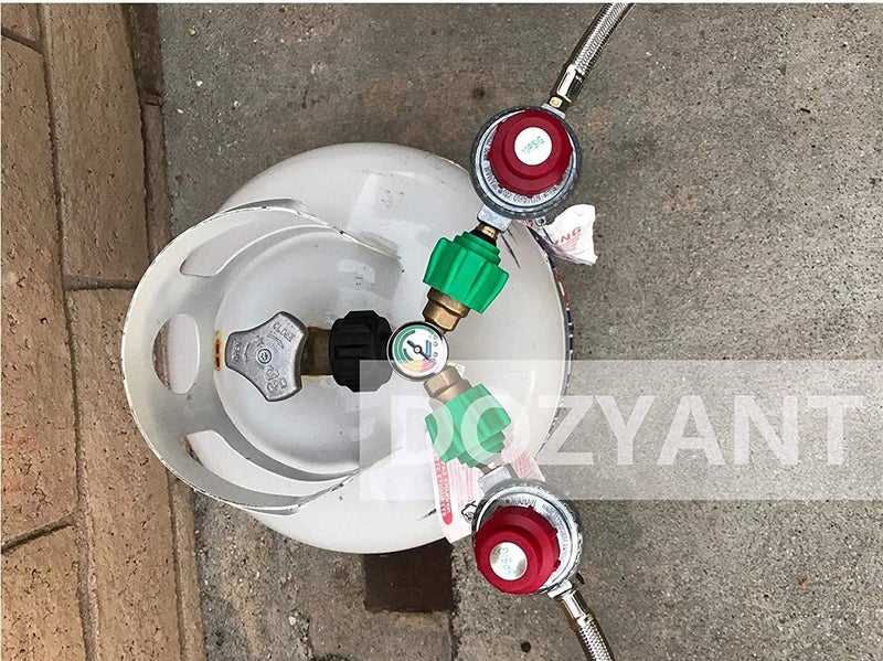 DOZYANT Propane Tank Y Splitter Adapter with Propane Gauge, 2 Way LP Gas Adapter Tee Connector Adapter for 5lb-40lb Propane Tank Cylinder, Universal for BBQ Gas Grill, RV Camper and More Appliances - Image 4