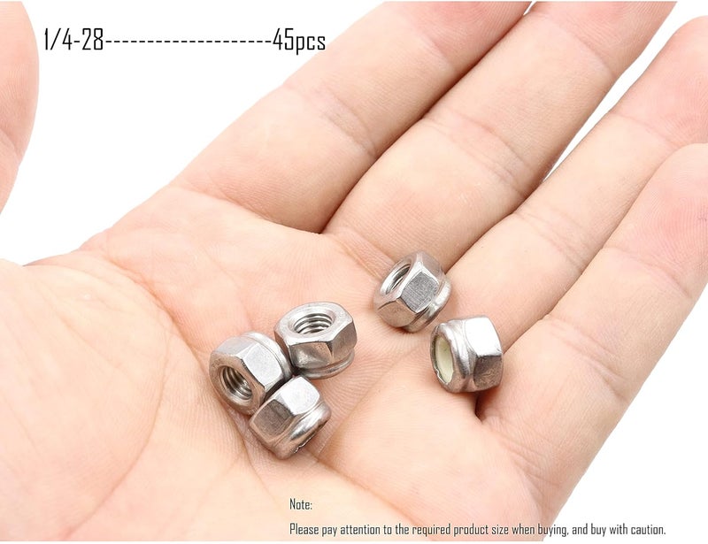 LBY 50pcs Lock Nuts, 1/4-28 Nylon Insert Hex Lock Nuts, 304 Stainless Steel (Silver) - Image 3