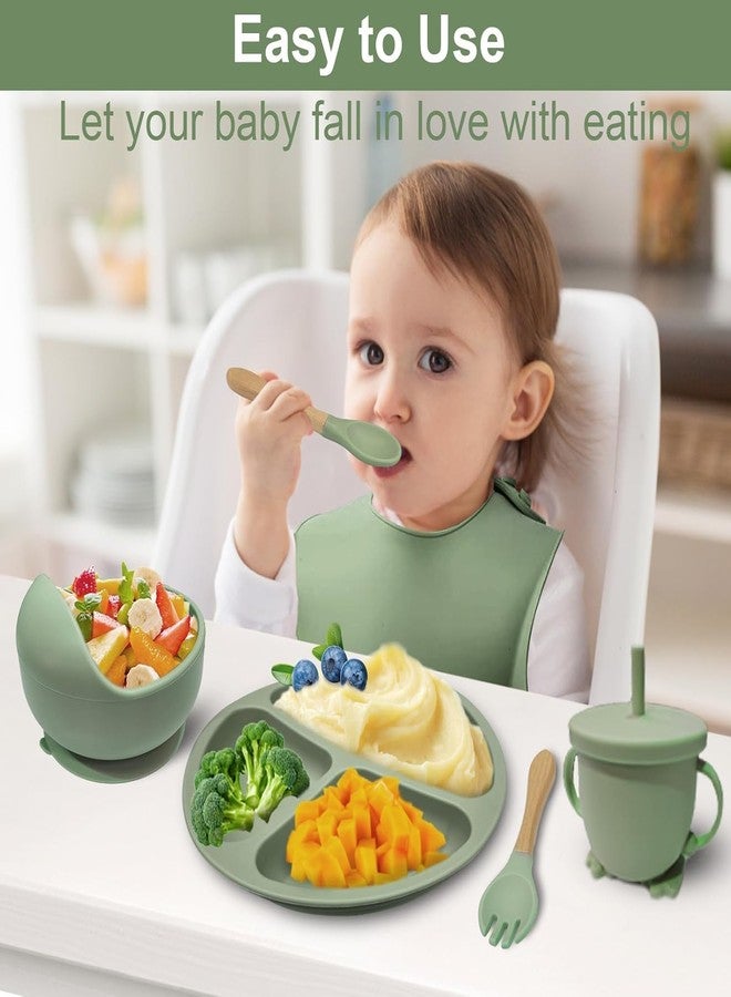 FENNEC MART طقم تغذية الأطفال مع وعاء شفط، طبق مقسم، ملاعق، شوك، كوب شرب، مستلزمات التغذية الذاتية (أخضر) - Image 4