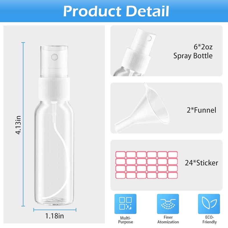 ZZCP Spray Bottles, 2oz/50ml Clear Empty Fine Mist Plastic Mini Travel Bottle Set, Small Refillable Liquid Containers with 2pcs Funnels and 24pcs Labels (6 Pack) - Image 3