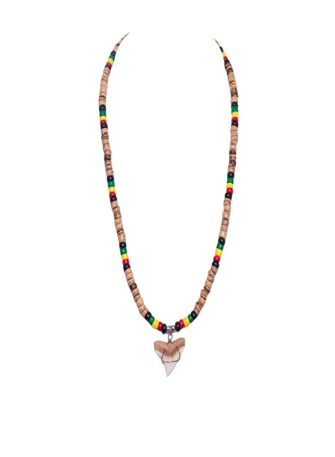 BlueRica Shark Tooth on Tiger Brown & Rasta Coconut Shell Beads Necklace (18" 3U) - Image 4