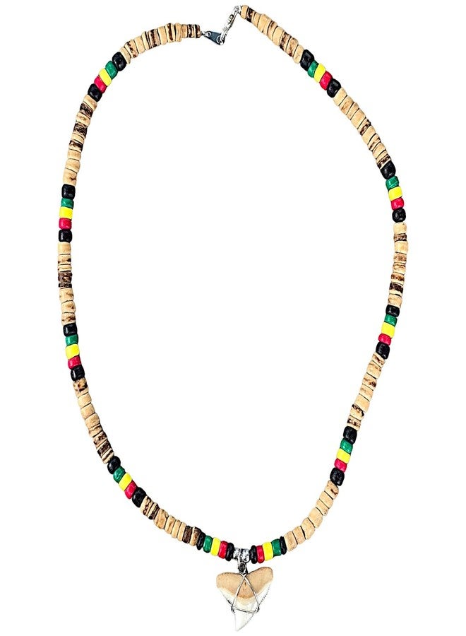 BlueRica Shark Tooth on Tiger Brown & Rasta Coconut Shell Beads Necklace (18" 3U) - Image 2