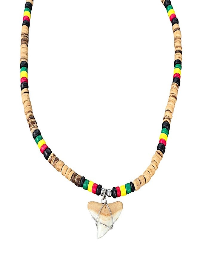 BlueRica Shark Tooth on Tiger Brown & Rasta Coconut Shell Beads Necklace (18" 3U) - Image 1