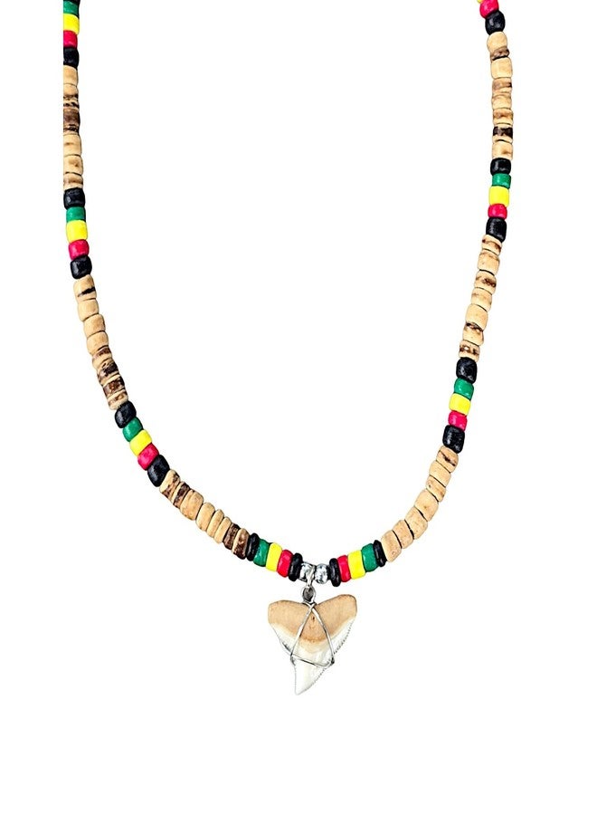 BlueRica Shark Tooth on Tiger Brown & Rasta Coconut Shell Beads Necklace (18" 3U) - Image 3