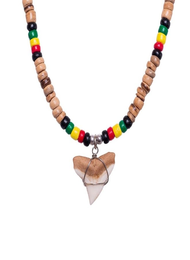 BlueRica Shark Tooth on Tiger Brown & Rasta Coconut Shell Beads Necklace (18" 3U) - Image 5