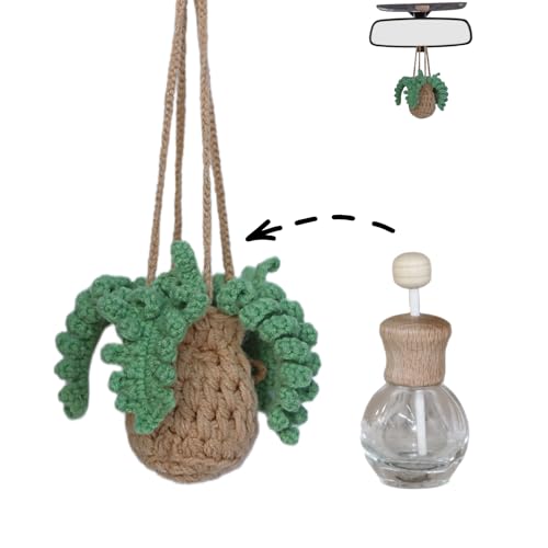 ROFIGL Handmade Crochet Hanging Car Air Freshener - Botanical Fern Leaf Design with 12ml Refillable Glass Essential Oil Bottle, Long-Lasting Car Diffuser & Nature-Inspired Decor - Image 1