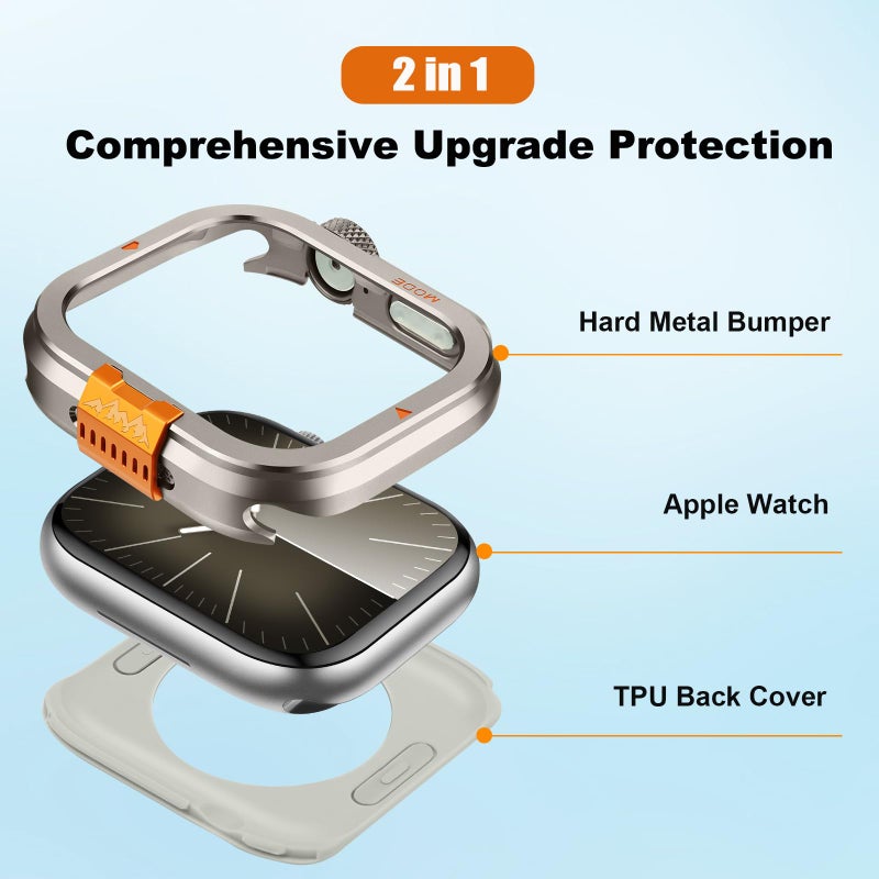 Suphart Metal Bumper Cover Compatible with Apple Watch Series 9/8/7 Case 45mm, [Turn 45mm into Ultra Look] Rugged Shockproof Protector with Back Frame for iWatch 45mm, Titanium - Image 2