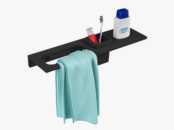 BRUSH HOLDER WITH NAPKIN STAND SHELF WALLMOUNTED TOWEL RACK WITH STORAGE SHELF AND TOOTHBRUSH HOLDER MULTIPURPOSE BATHROOM ORGANIZER WITH TOWEL BAR BLACK
