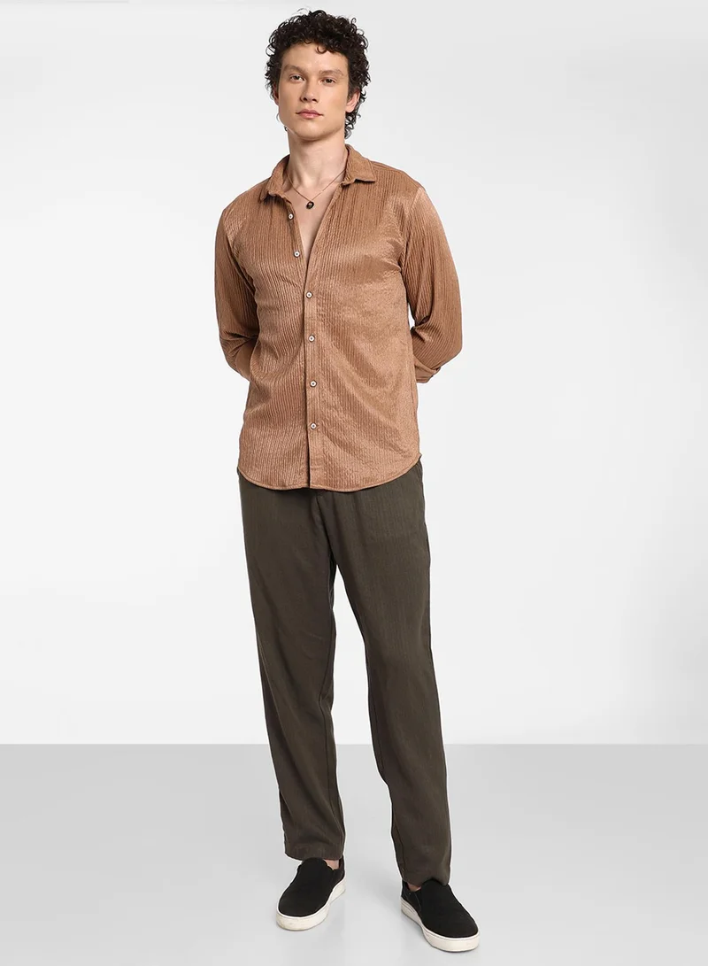 كامبوس سوترا Men's Camel Beige Solid Creased Shirt