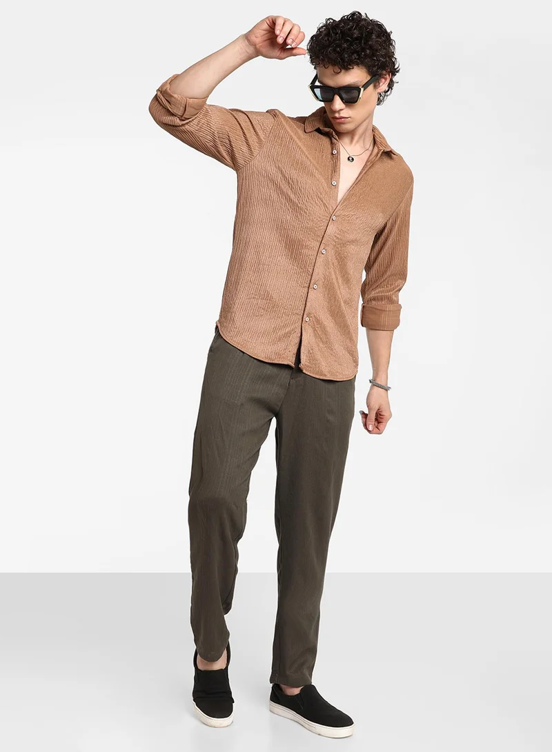 كامبوس سوترا Men's Camel Beige Solid Creased Shirt