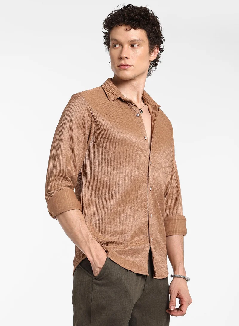 كامبوس سوترا Men's Camel Beige Solid Creased Shirt