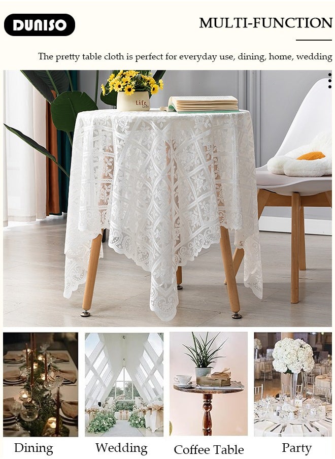 DUNISO Round Tablecloth White Lace Table Cloth , Washable Hollow Mesh Table Cover, Rectangular Vintage Lace Overlay, Floral Lace Table Cloths for Catering Events, Dinner Parties, Weddings Decorations 140*140cm  - Image 3