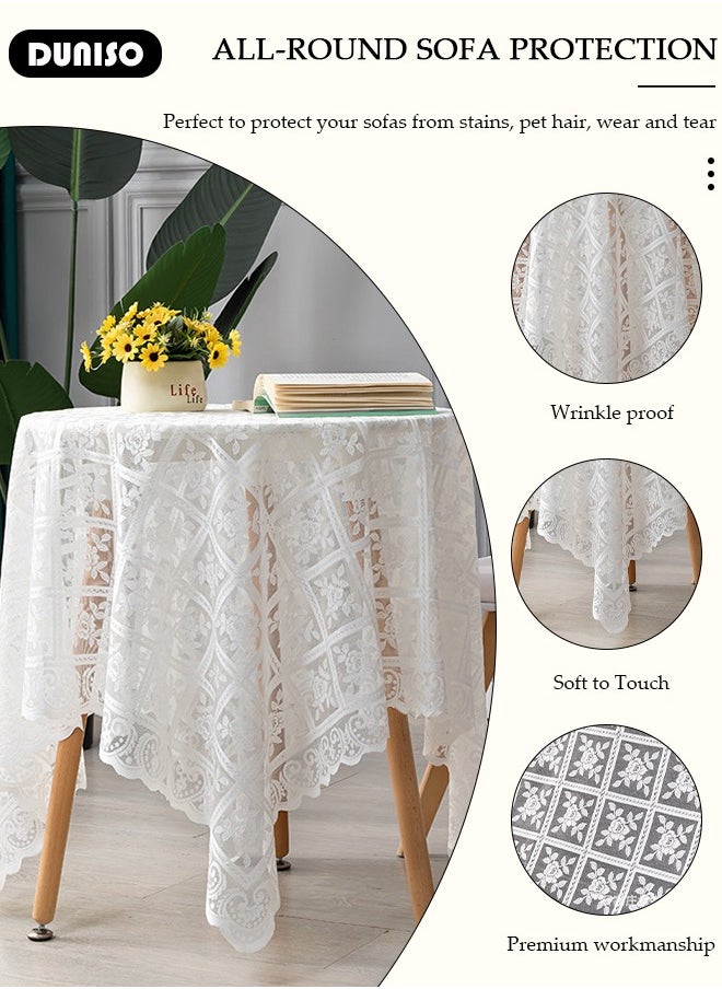 DUNISO Round Tablecloth White Lace Table Cloth , Washable Hollow Mesh Table Cover, Rectangular Vintage Lace Overlay, Floral Lace Table Cloths for Catering Events, Dinner Parties, Weddings Decorations 140*140cm  - Image 2