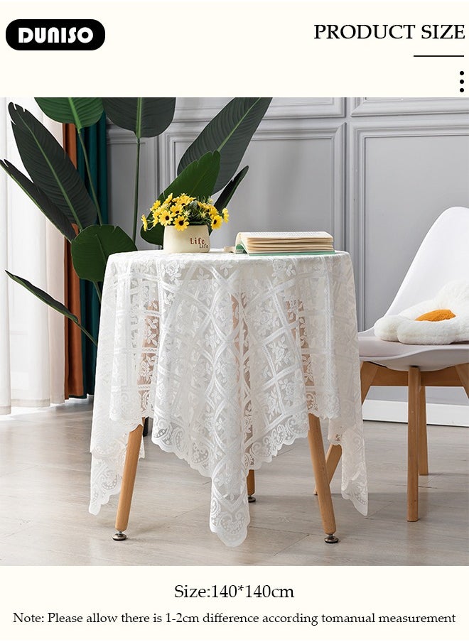 DUNISO Round Tablecloth White Lace Table Cloth , Washable Hollow Mesh Table Cover, Rectangular Vintage Lace Overlay, Floral Lace Table Cloths for Catering Events, Dinner Parties, Weddings Decorations 140*140cm  - Image 4