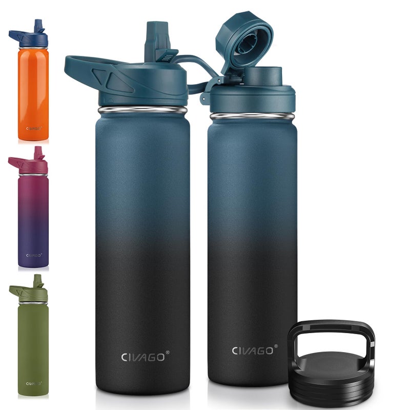 CIVAGO 22 oz Insulated Water Bottle With Straw, Stainless Steel Sports Water Flask Cup with 3 Lids (Straw, Portable Spout and Handle Lid), Double Walled Travel Thermal Canteen Mug, Indigo Black - Image 1