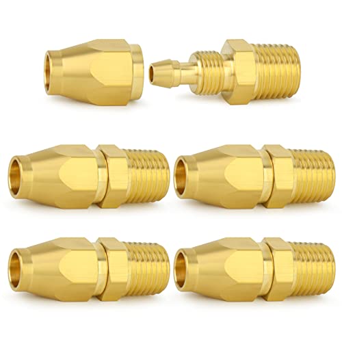 ChillWaves Brass Pneumatics Reusable Replacement Fitting，Hose-End Repair Fitting 1/4" ID Hose（1/4" Barb）x 1/4" NPT Rigid(5-PACK) - Image 1