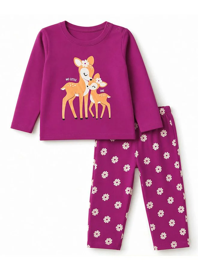 Babyhug Babyhug Cotton Knit Full Sleeves T-Shirt & Pyjama Night Suit With Deer & Floral Print -Dark Pink