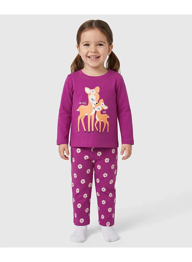 Babyhug Babyhug Cotton Knit Full Sleeves T-Shirt & Pyjama Night Suit With Deer & Floral Print -Dark Pink