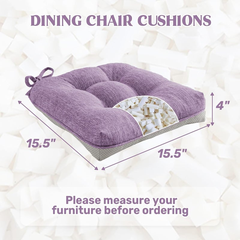 puredown ® Chair Cushions for Dining Chairs, Tufted Memory Foam Chair Pads with Non-Slip Backing, Kitchen Seat Cushions with Ties, Washable Seat Pads Set of 4, 15.5" x 15.5" x 4", Purple - Image 2