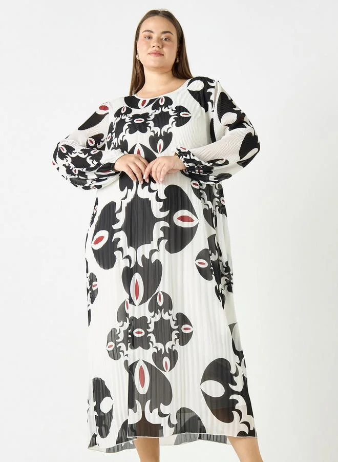 Ulla Popken Plus Size Ulla Popken All-Over Print Dress with Long Sleeves