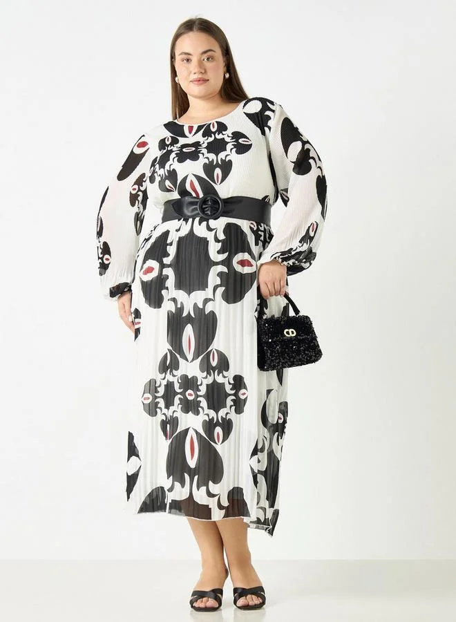 Ulla Popken Plus Size Ulla Popken All-Over Print Dress with Long Sleeves