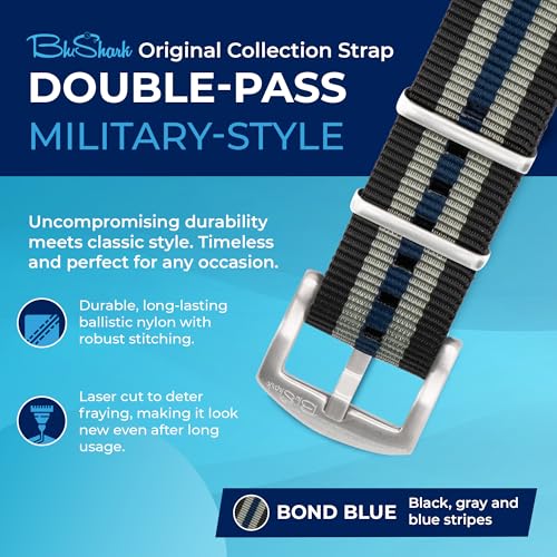 BluShark - Original Collection Military-Style Waterproof Watch Strap, Fits All Timepiece Brands, Durable Nylon Wristwatch Accessories with Stainless Steel Buckle, Bond Blue, 20mm - Image 2
