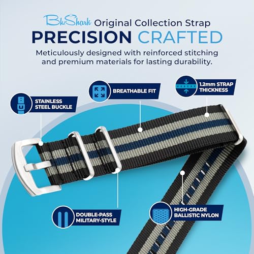BluShark - Original Collection Military-Style Waterproof Watch Strap, Fits All Timepiece Brands, Durable Nylon Wristwatch Accessories with Stainless Steel Buckle, Bond Blue, 20mm - Image 3