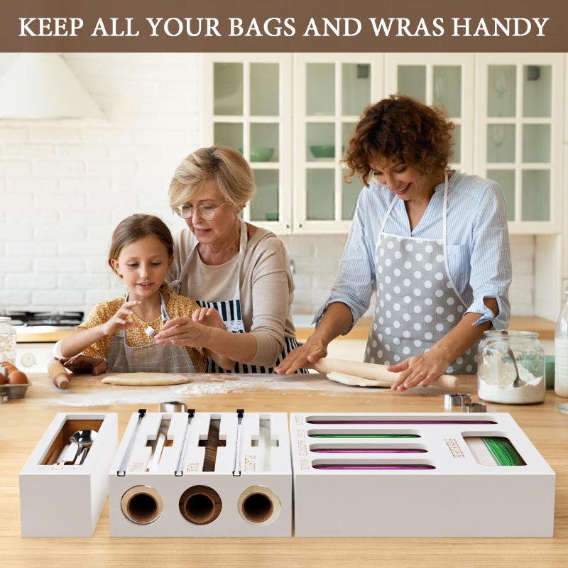 NIKUY Bamboo Foil and Plastic Wrap Organizer for Kitchen Drawer, 2024 New 9 in 1 Plastic Bag Organizer Organization and Storage, Food Storage Bag Organizer with Labels for Quart Gallon Snack (White) - Image 3