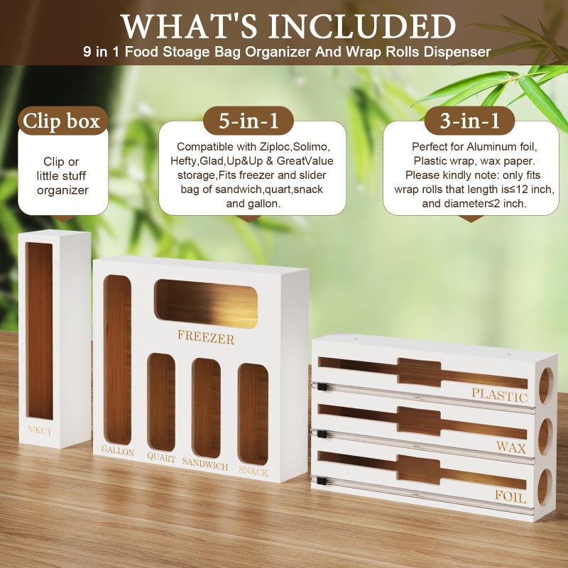 NIKUY Bamboo Foil and Plastic Wrap Organizer for Kitchen Drawer, 2024 New 9 in 1 Plastic Bag Organizer Organization and Storage, Food Storage Bag Organizer with Labels for Quart Gallon Snack (White) - Image 4