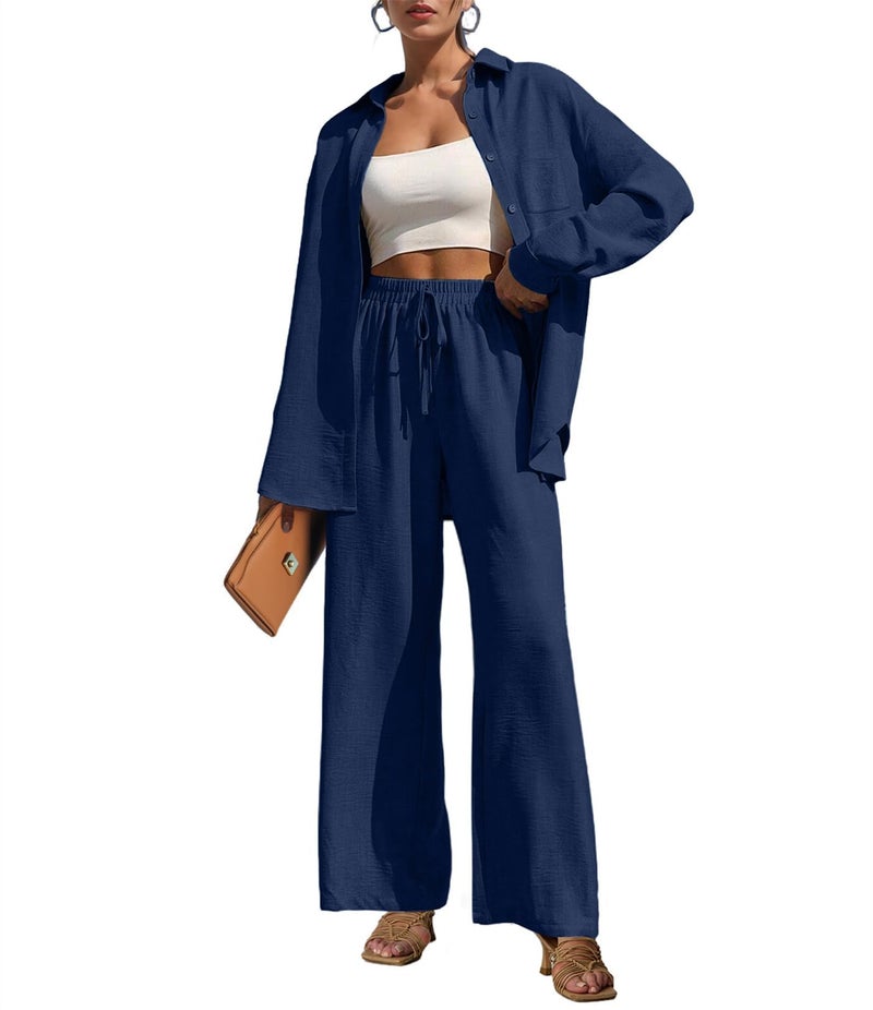 Lepunuo Women's 2 Piece Set Long Sleeve High Low Button Down Shirt & Drawstring Pants Side Pockets - Image 1