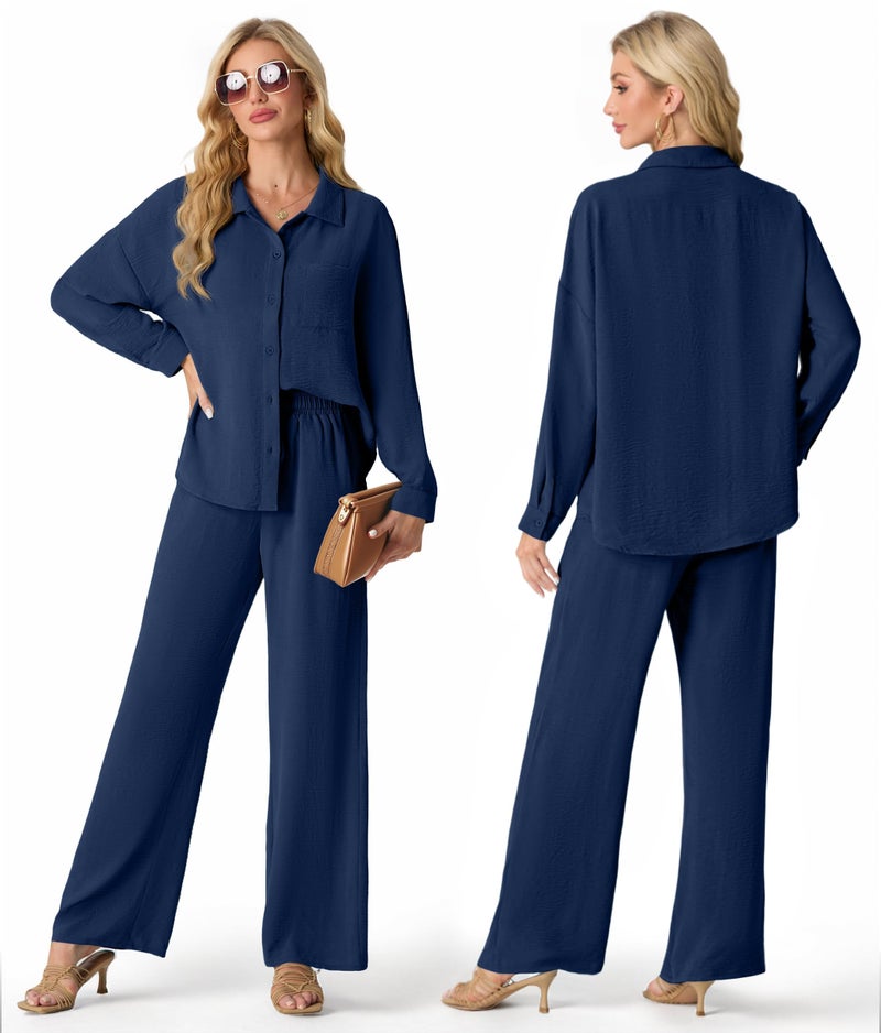Lepunuo Women's 2 Piece Set Long Sleeve High Low Button Down Shirt & Drawstring Pants Side Pockets - Image 5