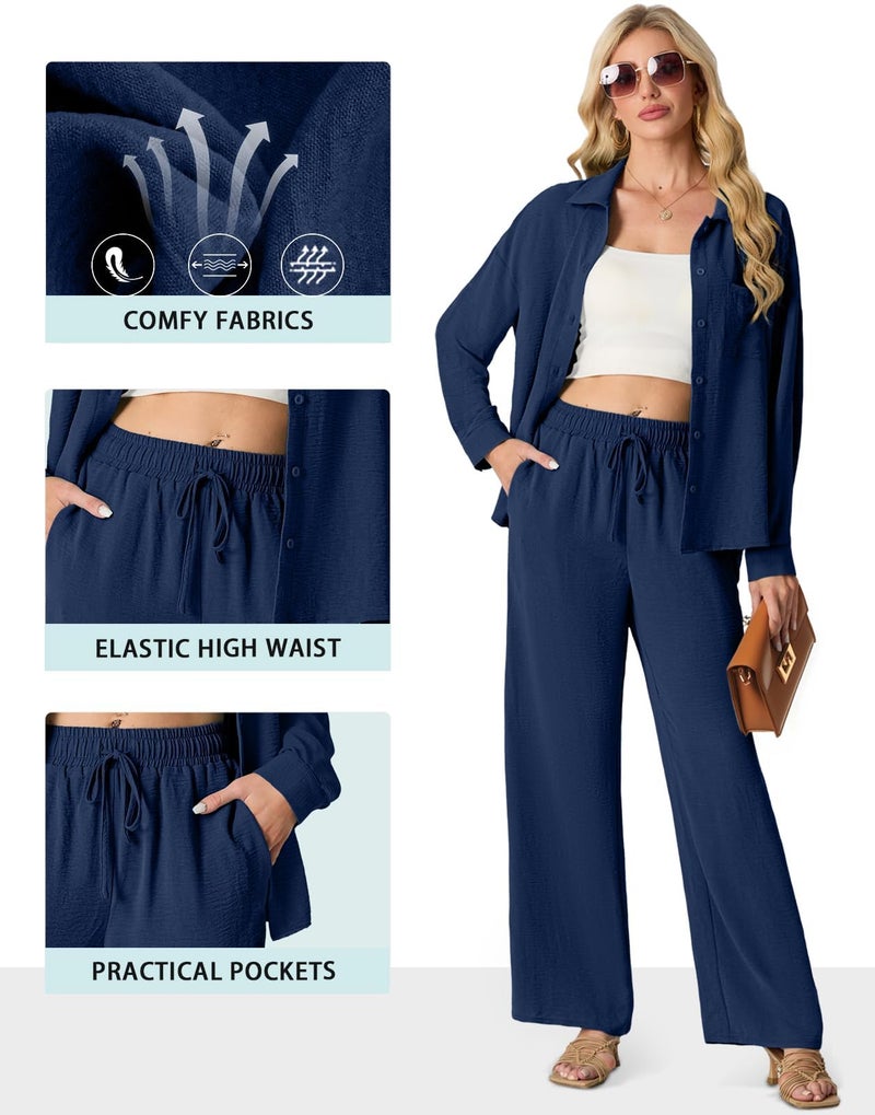 Lepunuo Women's 2 Piece Set Long Sleeve High Low Button Down Shirt & Drawstring Pants Side Pockets - Image 2