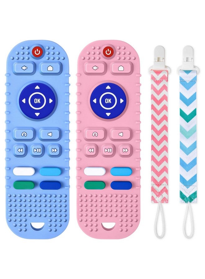 Aolso Baby Teether Toys, 2PCS Silicone Teething Toys, Remote Control Shape Teething Toys with 2PCS Pacifier Clip, Teething Relief Toys for Baby 3-24 Months, BPA-Free Baby Chew Toys(Bule&Pink) - Image 1