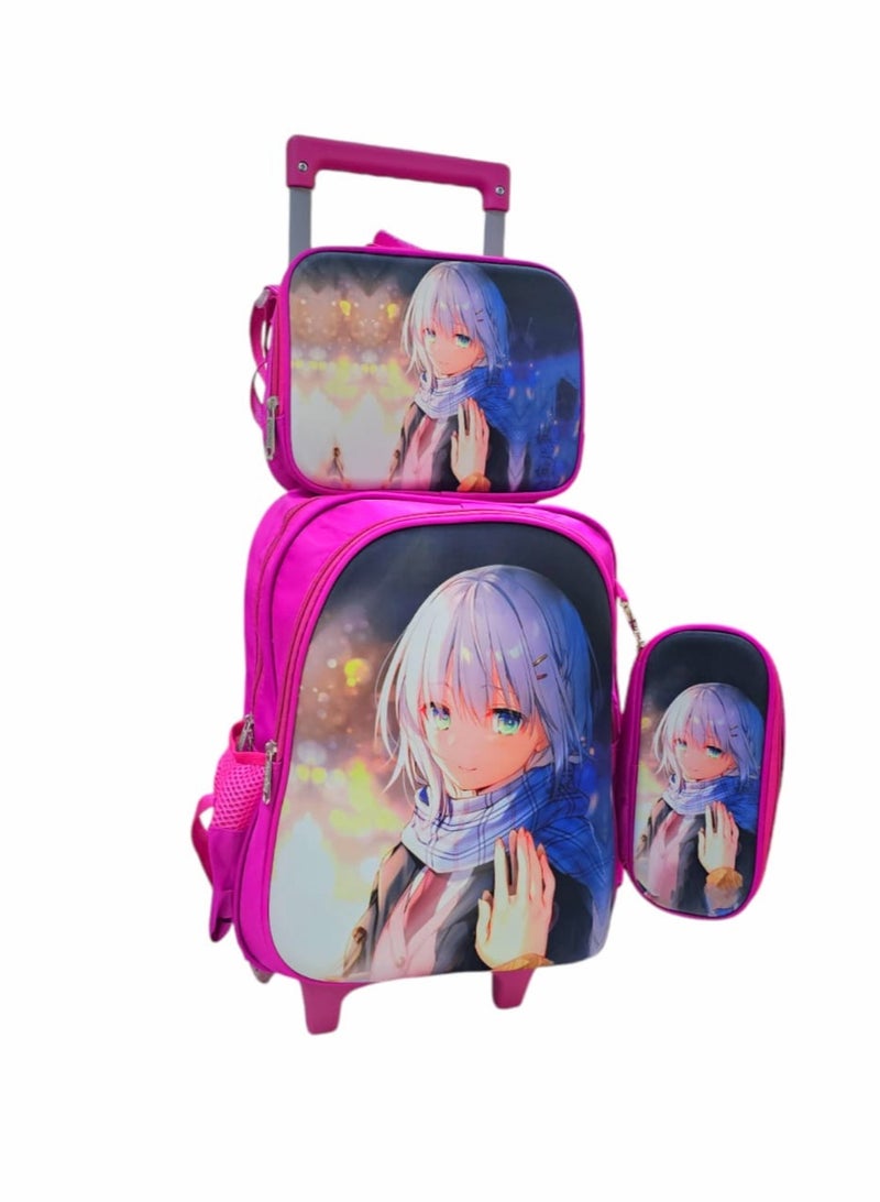 Back To School School Bag With Wheels, 3 in 1,Designed With Anime Characters For Girls - Image 1