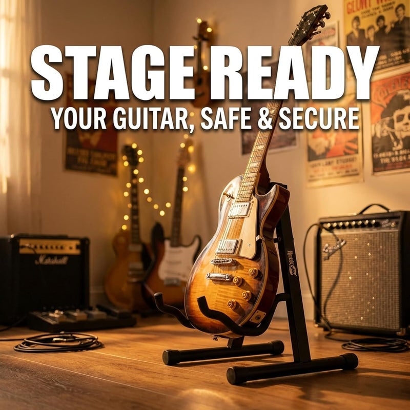 RockJam Foldable A-Frame Guitar Stand with Cushioned Arms and Rubber Feet. Electric, Acoustic & Bass Holder. (RJGS01) - Image 5