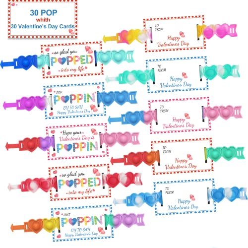 AYGXU 30pcs Valentines Day Gifts Valentines Day Cards for Classroom School Heart POP Bracelets Valentines Classroom Exchange Cards Kids Party Favors Valentines Goody Bag Filler - Image 1