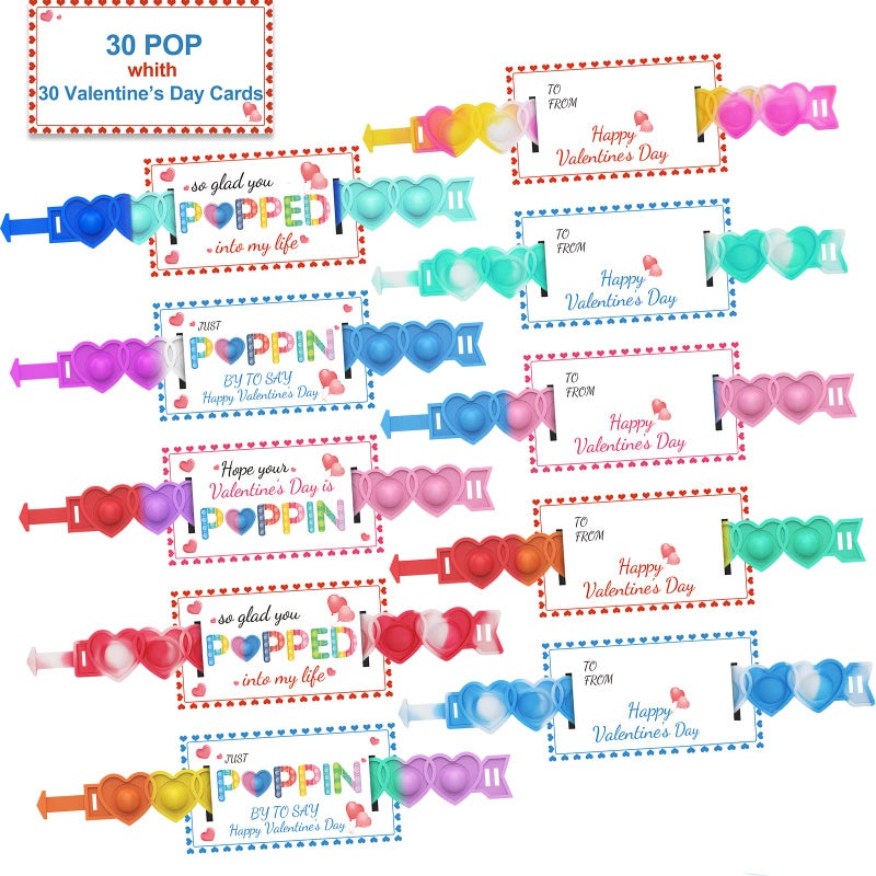 AYGXU 30pcs Valentines Day Gifts Valentines Day Cards for Classroom School Heart POP Bracelets Valentines Classroom Exchange Cards Kids Party Favors Valentines Goody Bag Filler - Image 3