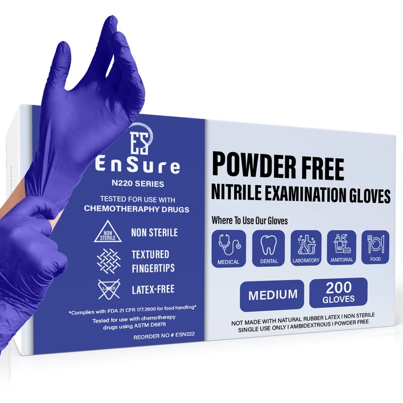 Ensure Blue Nitrile Gloves â€“ 3 Mil Light-Duty Disposable Gloves, Powder & Latex Free, Chemo-Rated, Non-Sterile, Textured Fingertips for Medical & Dental Use, Food Service & Cleaning (200, Medium) - Image 1