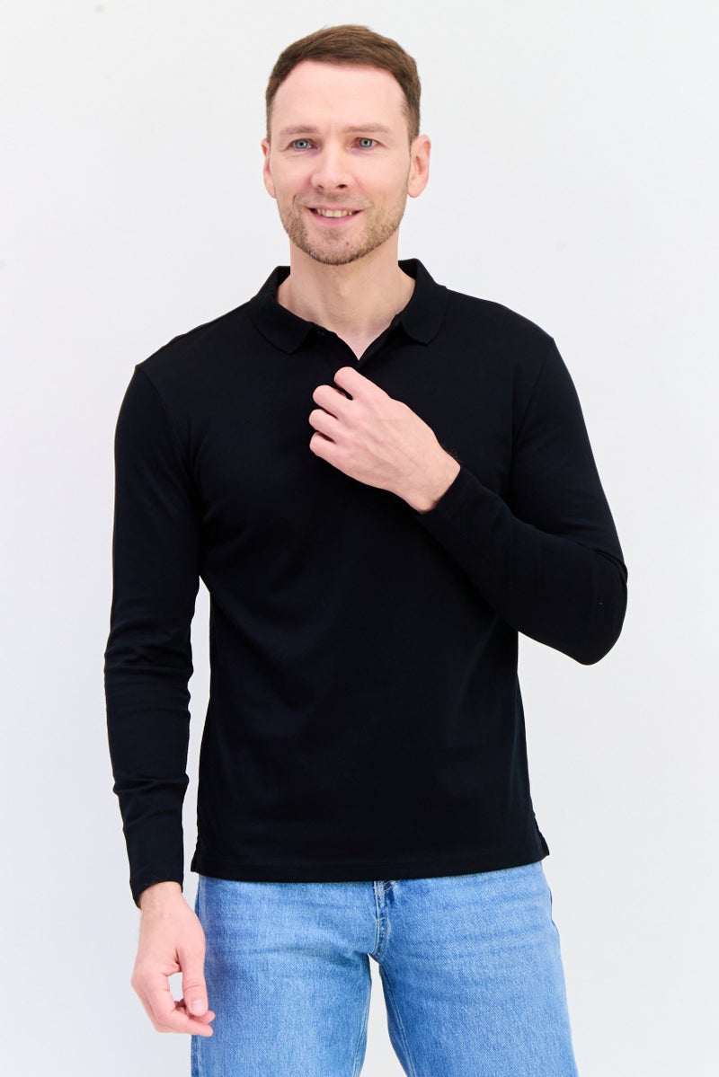 GIORDANO Men Slim Fit Solid Full Sleeves Polo Shirt, Black  - Image 1
