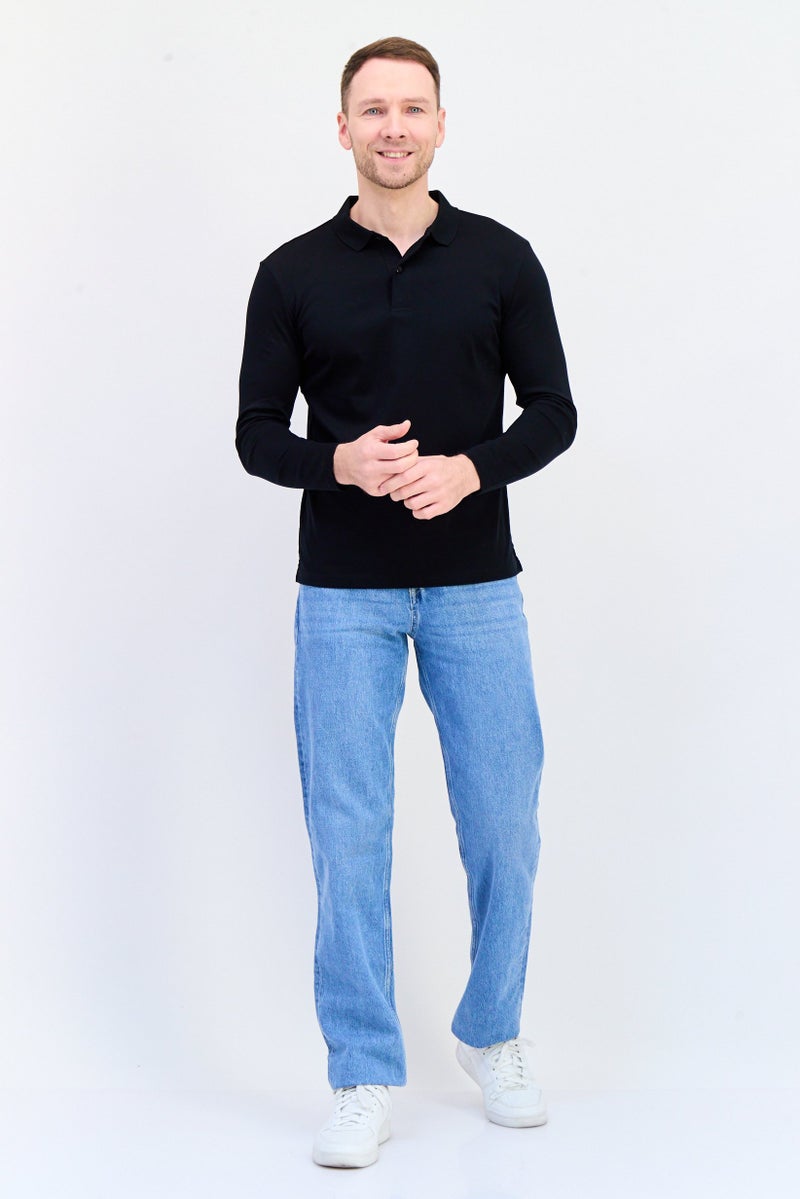 GIORDANO Men Slim Fit Solid Full Sleeves Polo Shirt, Black  - Image 4