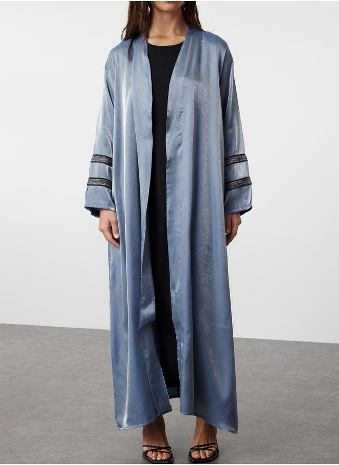 trendyol Indigo Embroidered Shiny Long Woven Cap & Abaya & Abaya TCTSS24KF00004  - Image 3