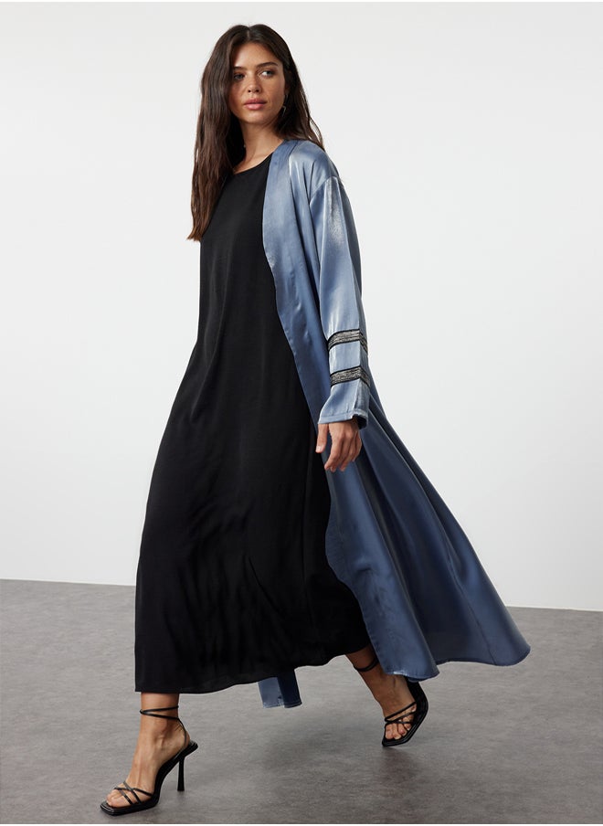 trendyol Indigo Embroidered Shiny Long Woven Cap & Abaya & Abaya TCTSS24KF00004  - Image 2