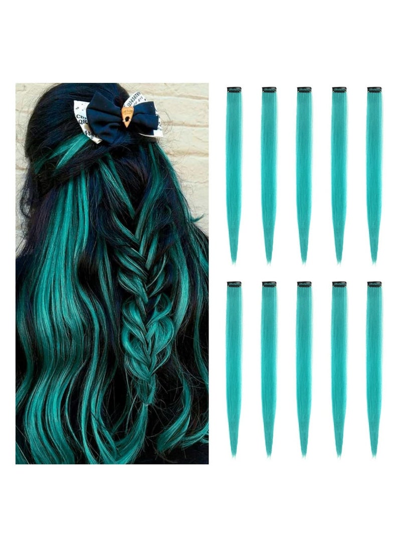 Estelle 22 inch Colored Hair Extensions Straight Hairpiece Multi colors Party Highlights Clip in Synthetic Hair Extensions for Kids Girls 10 PCS Teal Blue - Image 1