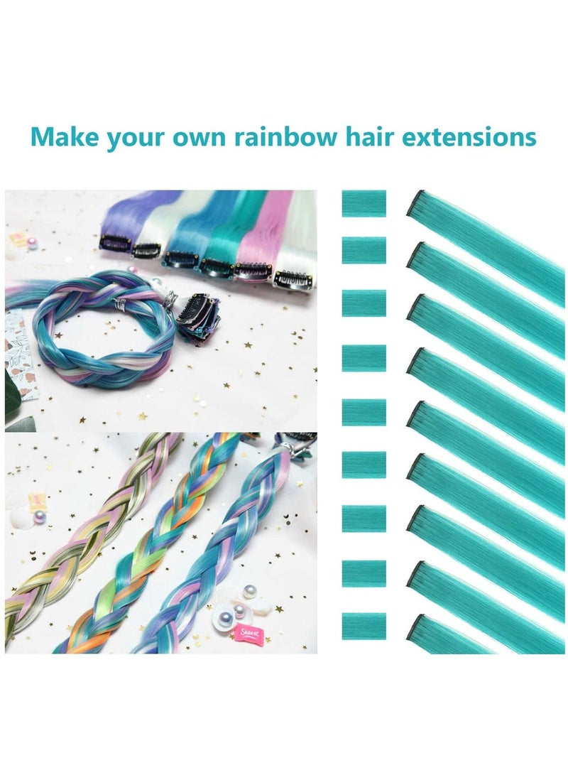 Estelle 22 inch Colored Hair Extensions Straight Hairpiece Multi colors Party Highlights Clip in Synthetic Hair Extensions for Kids Girls 10 PCS Teal Blue - Image 5