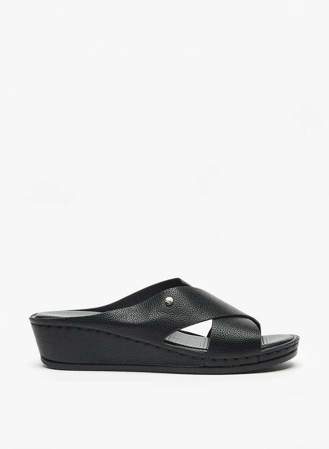 Flora Bella By Shoexpress Logo Print Cross Strap Slip On Sandals with Wedge Heels