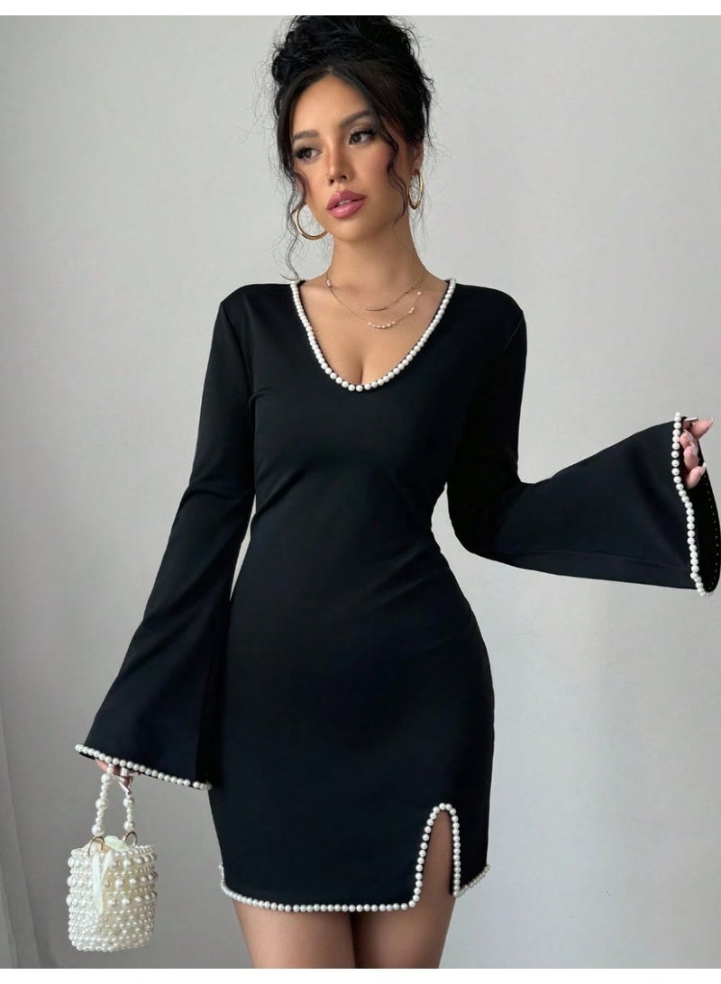 SHEINWomen's Knit Black Slimming Mini Dress, Elegant&Chic With Pearl Decor Deep V-Neck - Image 1