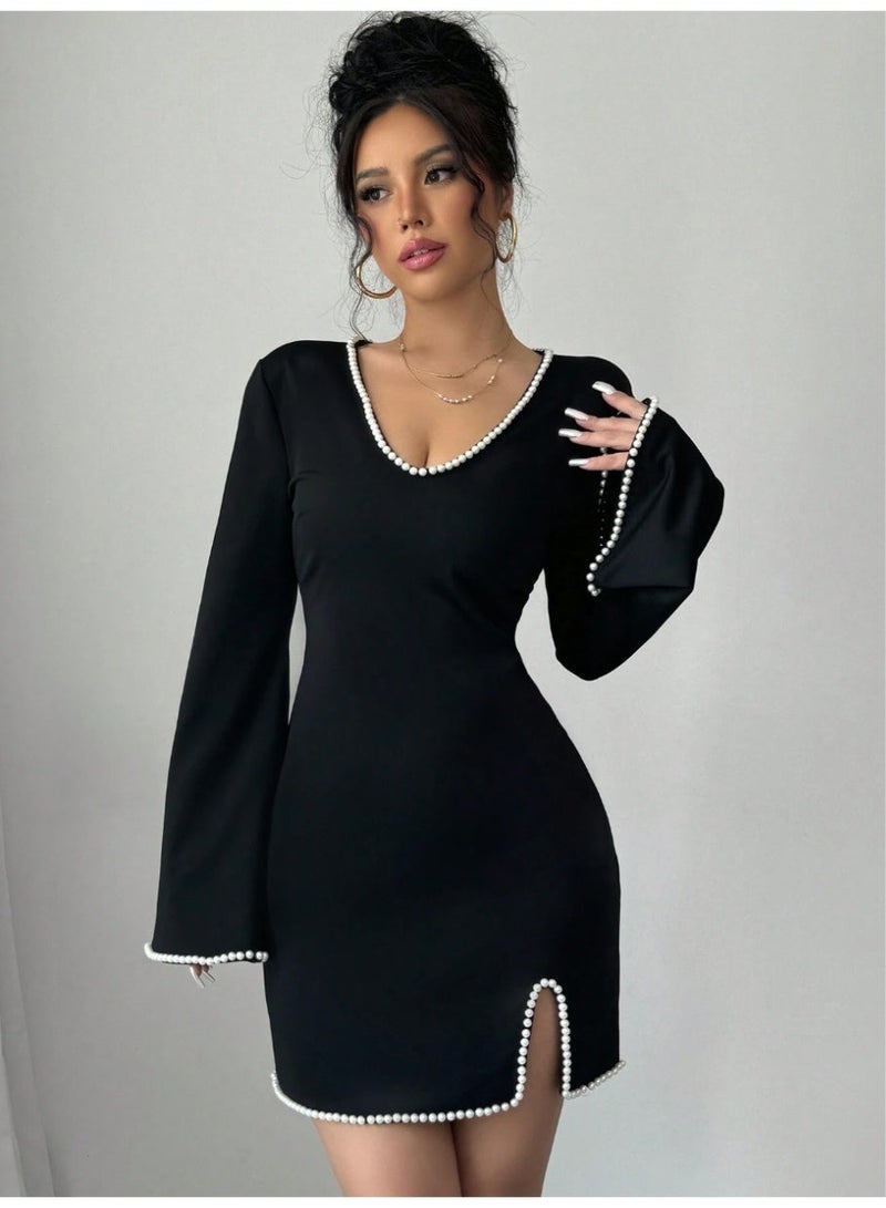 SHEINWomen's Knit Black Slimming Mini Dress, Elegant&Chic With Pearl Decor Deep V-Neck - Image 2