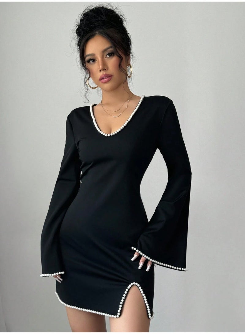 SHEINWomen's Knit Black Slimming Mini Dress, Elegant&Chic With Pearl Decor Deep V-Neck - Image 3