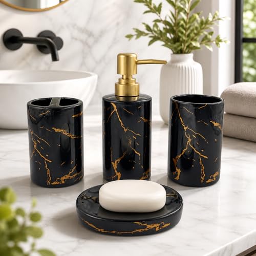 Whizzo® Italian Design Bathroom Accessories Set Ceramic - 4 Piece Bathroom Accessories Set Soap Dispenser, Toothbrush Holder, Tumbler, Soap Dish, The Best Gifting Choice (Black, WZ-BS-799-Black) - Image 3